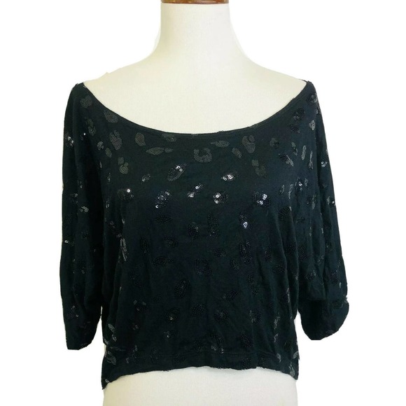 bebe Tops - Bebe Sequin Blouse Black Slouchy Shark Bite Hem Cropped Top